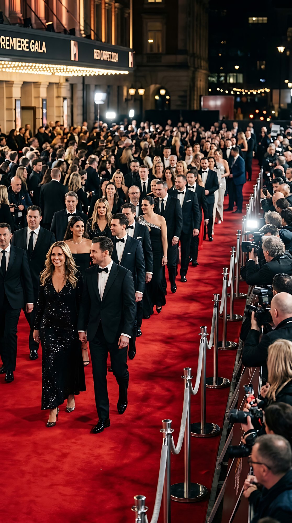 Fotógrafos e convidados reunidos em um tapete vermelho de première, com flashes disparando