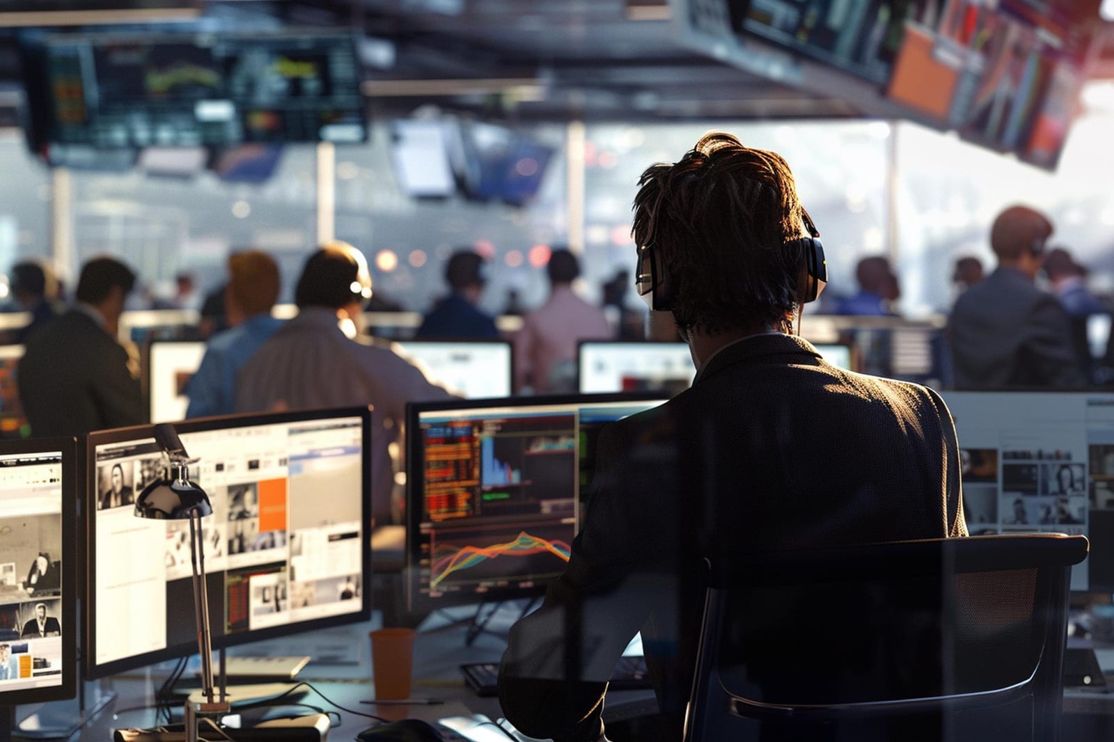 Jornalistas trabalhando em uma redação movimentada, entre telas e computadores