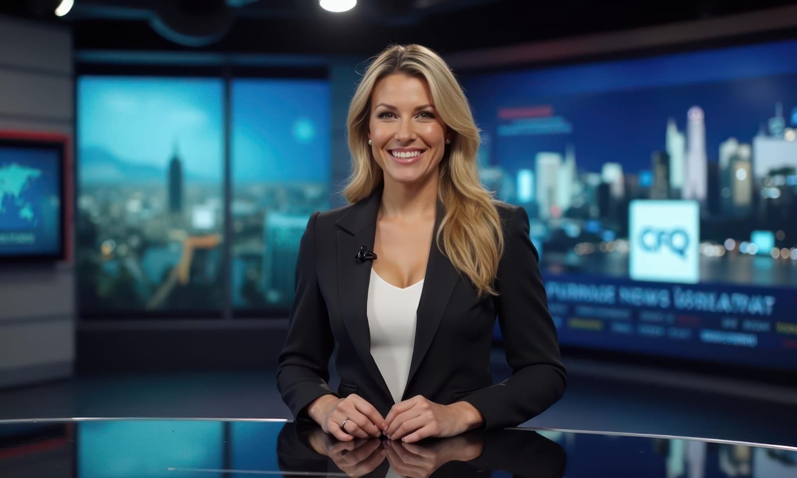 Apresentadora de telejornal sorrindo em frente a um mapa, em estúdio de televisão